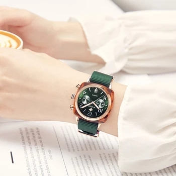 

WWOOR Fashion Women Quartz Watch Nylon Business Date Clock Green Casual Sport Wristwatch Thanksgiving Christmas Gift Female+Boxs