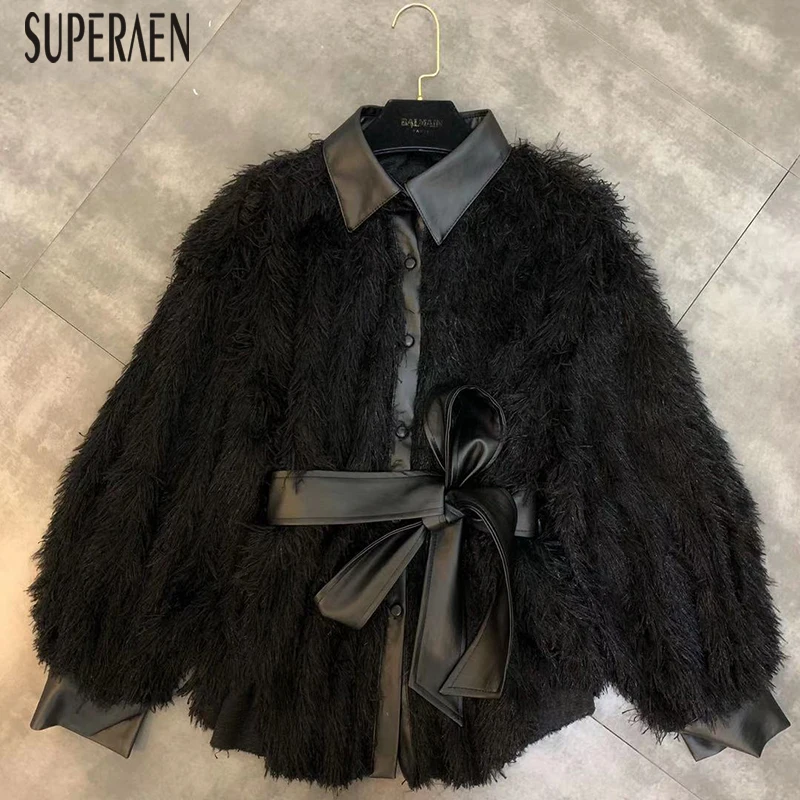SuperAen, осень и зима, новые куртки с отворотом, женские повседневные куртки с длинным рукавом, одноцветная женская одежда