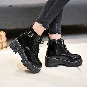 

LZJ High Platform Ankle Boots for Women Fashion Cross Tied Pu Leather Boots Femme Thick Bottom Hidden Heels Zapatos De Mujer
