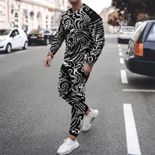 

New Men's Casual Round Neck Long-sleeved T-shirt Trousers Loose Suit 3D Printing Two-piece Men's 2021 Autumn Fashion Sweater