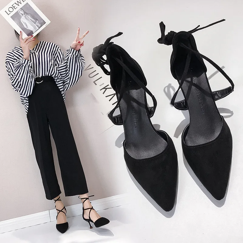 

2019 Women's Pointed-Toe High Heel Shoes Spring A- line with New Style Women's Thin Heeled Versatile Hight-top Shoes Semi-high H