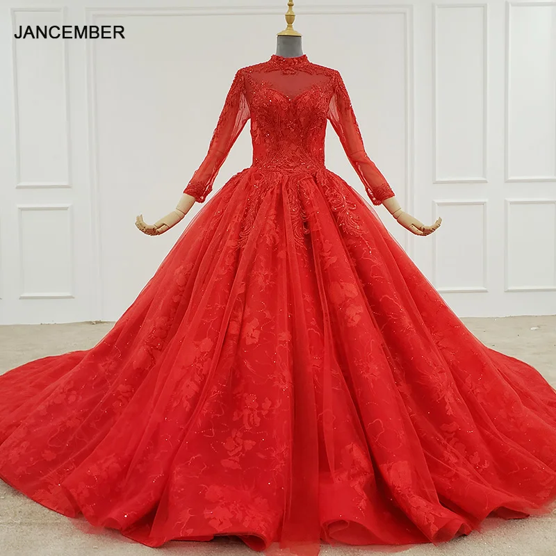 HTL1156 red evening dress long high neck sleeves beading sequin tassel ball gown muslim vestidos de finalista | Свадьбы и торжества