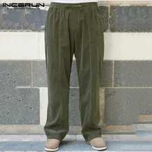 INCERUN Men Solid Color Casual Pants Cotton Loose Joggers Streetwear Vintage Elastic Waist Long Trousers Men Leisure Pants