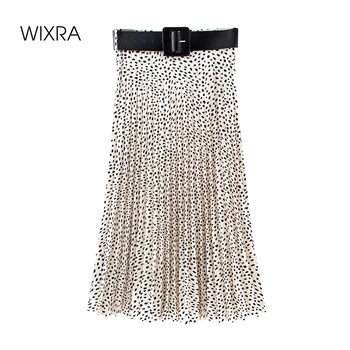 

Wixra Womens Pleated Skirts With Sashes High Waist Dot Print Bottoms Mid-Calf Streetwear For Ladies Summer Autumn