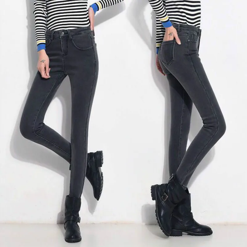 Winter high waist jeans women Thick warm stretch skinny pencil pants Female Simple casual black plus size trousers