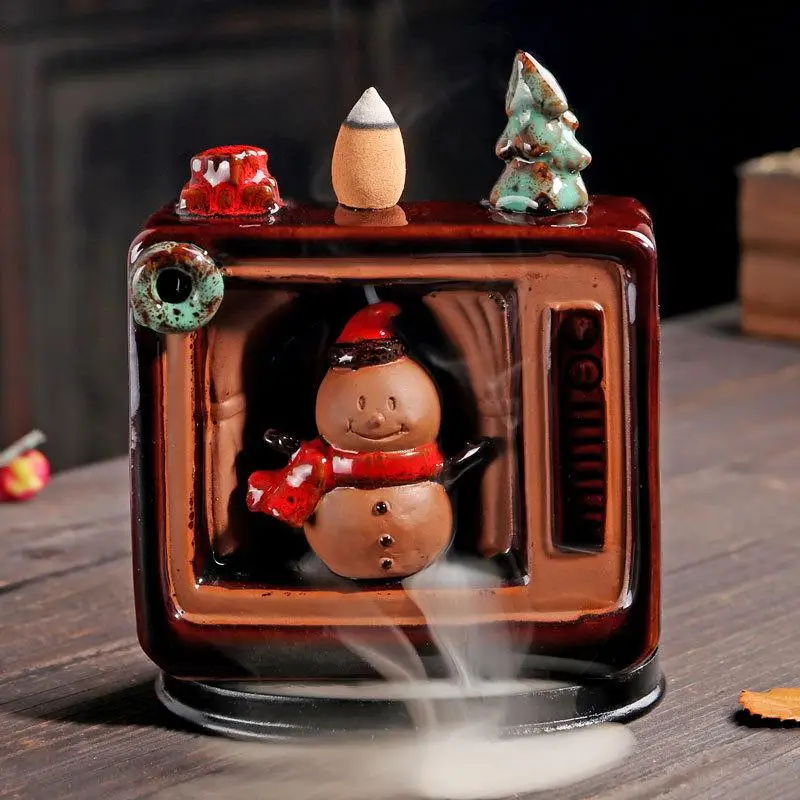 

Christmas Decoration Backflow Incense Burner Trendy Snowman Ceramic Censer Smoke Waterfall Incense Cone Sticks Holder Home Decor