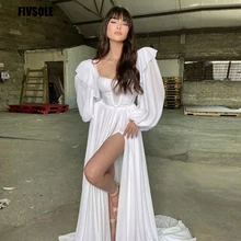 

Fivsole White Wedding Dress Custom Chiffon Pleat Slit Long Lantern Sleeves Church Garden Elegant Vestidos De Novia 2022 Vestidos