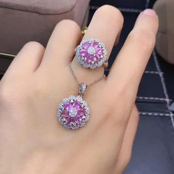 شراءجديد وصول ريال Natural ريال الطبيعية الياقوت طقم مجوهرات الياقوت الطبيعي الحقيقي 925 فضة 1 قطعة قلادة ، 1 قطعة خاتم