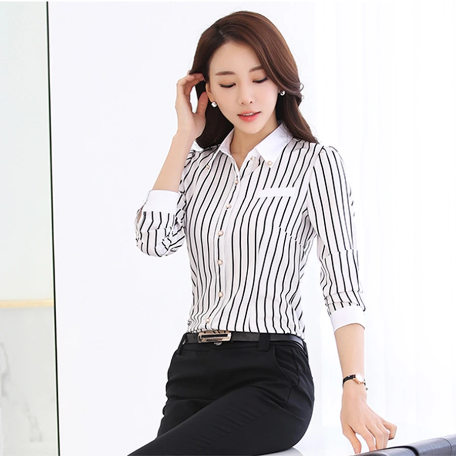 Camiseta rayas blancas y negras profesional de manga larga blusa de rayas verticales de manga larga para mujer - Mobile