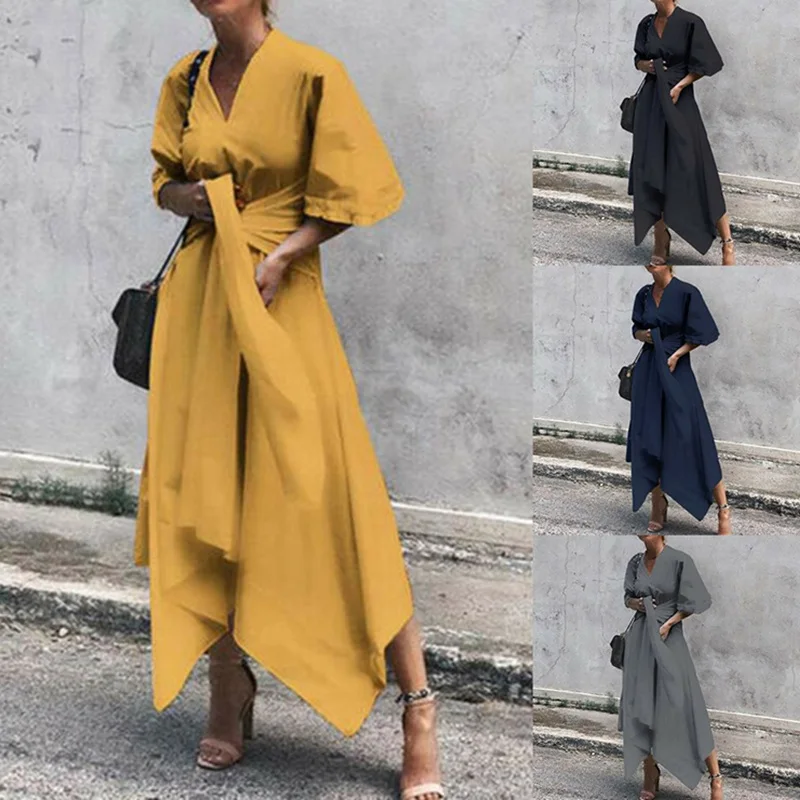 

CYSINCOS 2019 Autumn Trendy Dress Women Solid Vintage Sexy V Neck Asymmetrical High Waist Maxi Sundress Plus Size Dress Vestidos