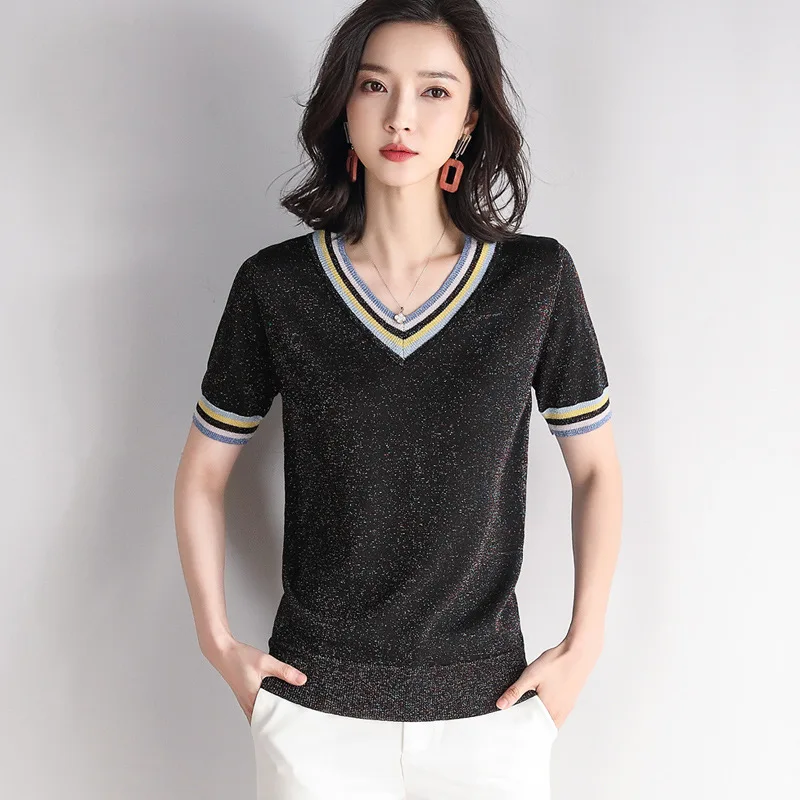 Женский вязаный пуловер с V-образным вырезом легкий Шелковый Повседневный