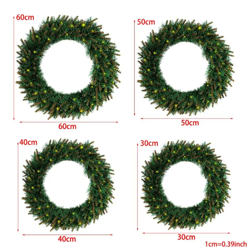 Рождественский венок 30 см/40 см/50 см/60 см, светодиодный светильник для передней двери, Рождественский Свадебный декор