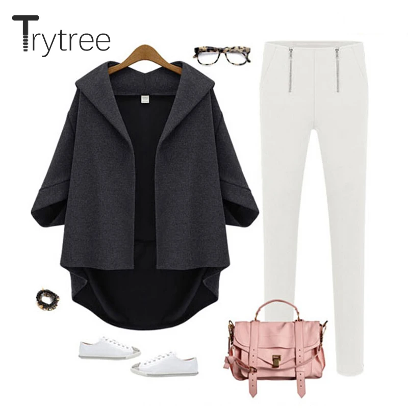 price cut  Trytree 2019 Autumn Winter Women Coat Casual Solid Blends Turn-down Collar Batwing Sleeve Open Stit