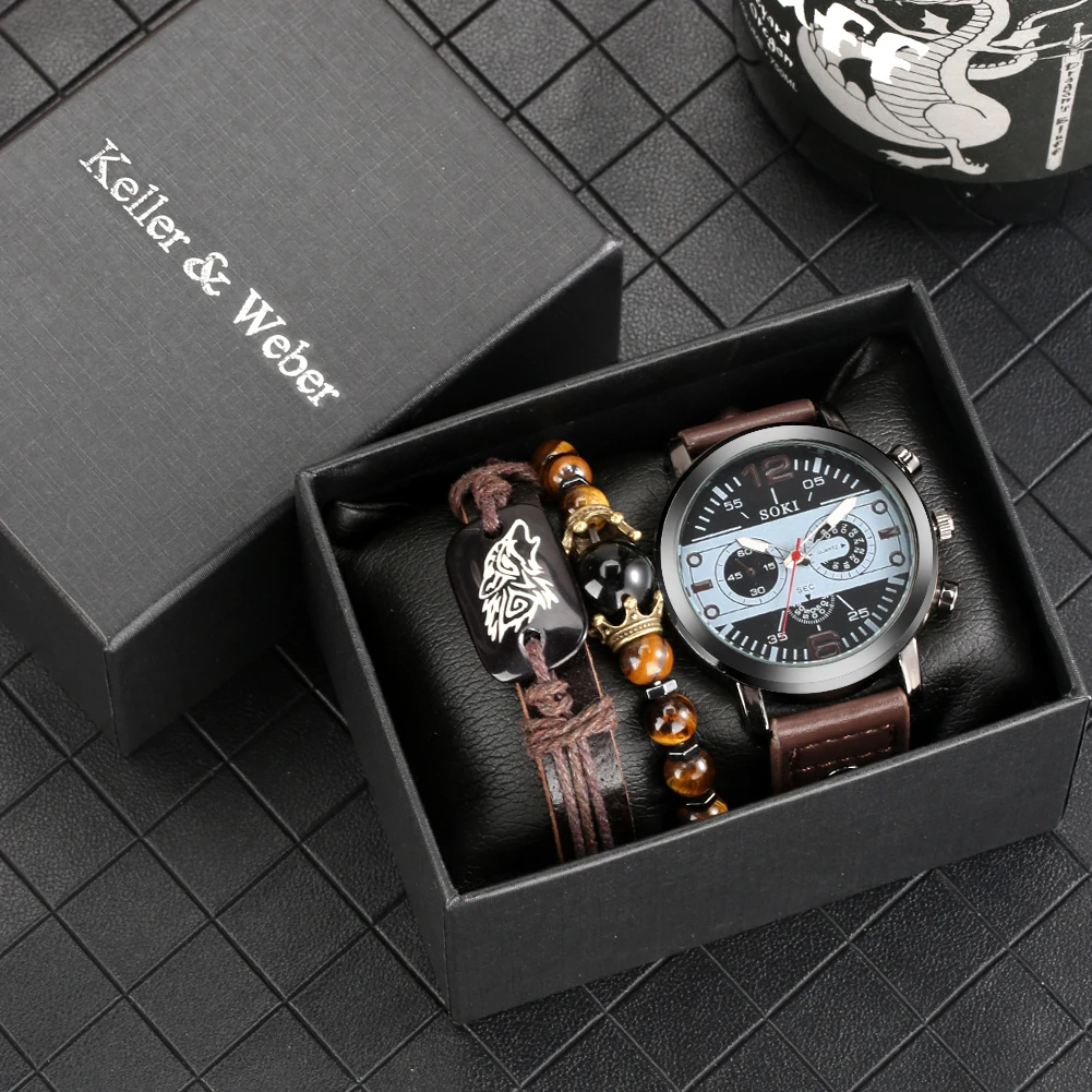 

Quartz Watch Gifts Set for Men Vintage Watches Bracelets Set Box Braided Bead Bracelet Classic Dial Xmas Gift for Dad Husband