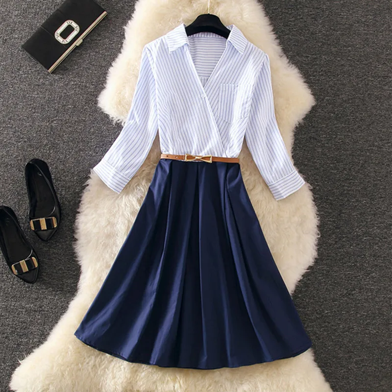 2019 модное осеннее женское платье в полоску с лоскутным рукавом а-силуэт вечернее