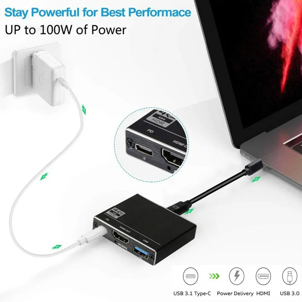 Кабель-Переходник USB C на HDMI адаптер 4K 3-в-1 Тип с разъемами типа C и HDMI мульти-Порты и разъёмы адаптер совместим для MacBook Pro для samsung