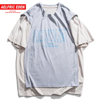 

Aelfric Eden Hip-hop Fake Two Short Sleeve Harajuku Letter Print Tshirt Men 2020 Summer Fashion Loose Casual T-shirt Streetwear