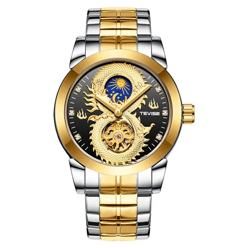 Топ люксовый бренд часы Moonphase TEVISE Tourbillon дизайн автоматические механические мужские часы из нержавеющей стали полностью золотые часы - Цвет: Black