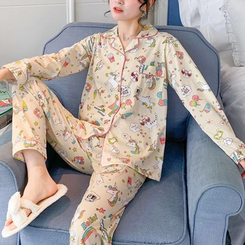 

Womens Pajamas Sets Cartoon Print 2020 Autumn Long Sleeve Two Pieces Set Women Sleepwear Sexy Nightwear for Women Sleeping Set