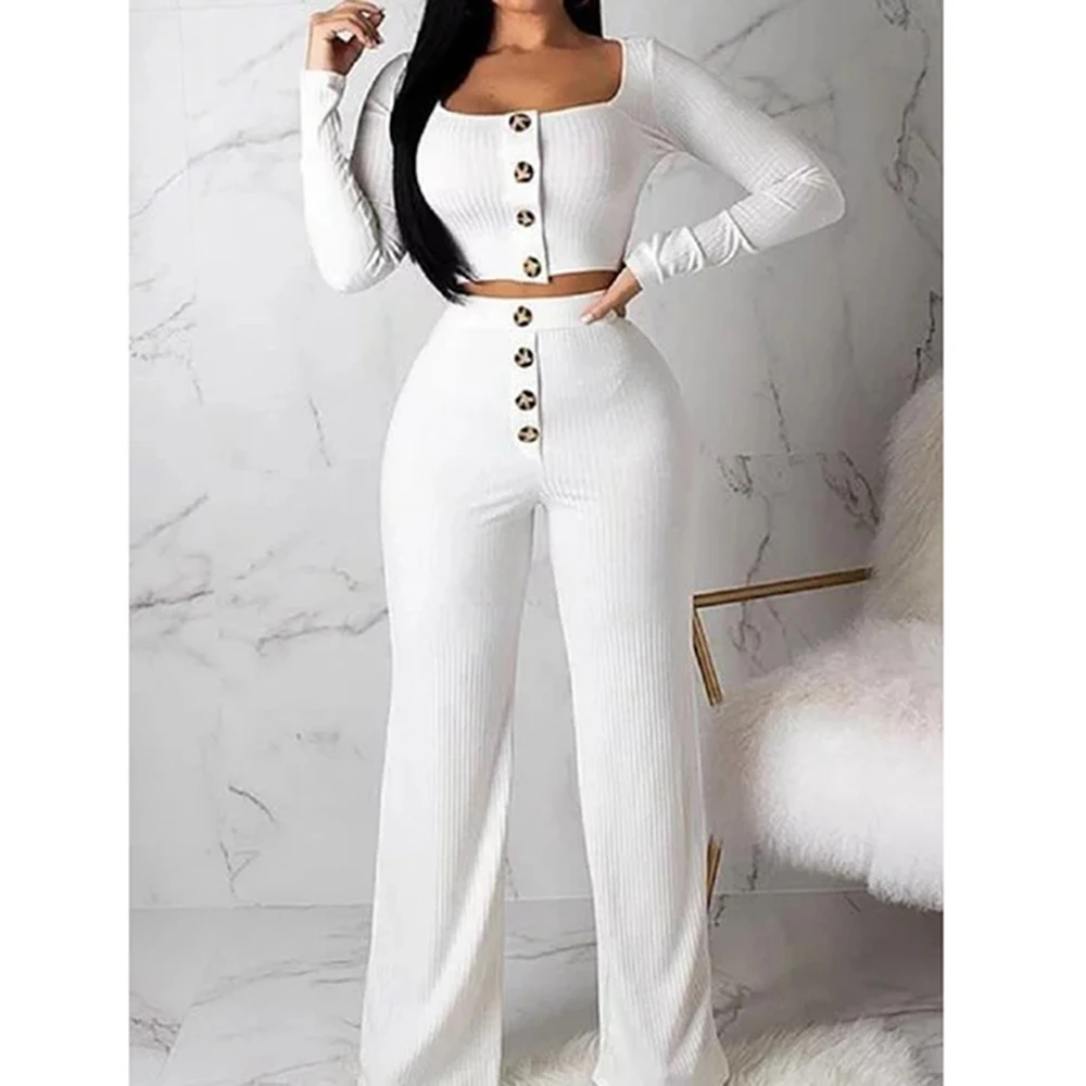 

LOOZYKIT Women Two Pieces Set Women Sets 2019 New Autumn Sexy Solid Squar Collar Button Top And Long Pants Sets Women Outfits