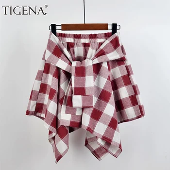 

TIGENA Fake 2 pieces Mini Plaid Skirt Women Fashion 2020 Summer Irregular Hem Checked High Waist Short School Skirt Female