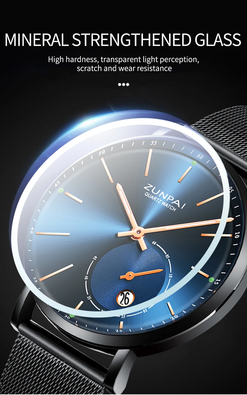 ZUNPAI Mens Watches Top Brand Luxury Waterproof Ultra Thin Date Clock Male Steel Strap Casual Quartz Watch Men WristWatch