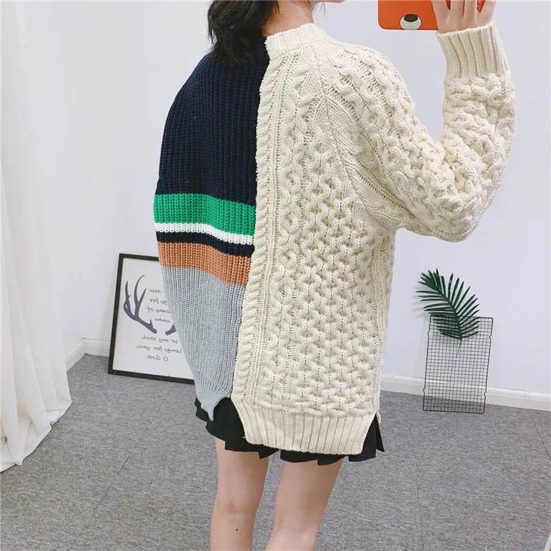 Women Hit Color Oversized Sweater Coat Patchwork Cardigan Autumn Winter Thick Knitted Coat Single Breasted Cardigan P-164