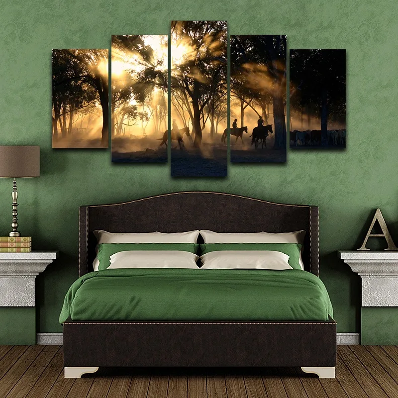 Canvas-Wall-Art-Pictures-Home-Decor-Living-Room-5-Pieces-Morning-Sunrise-Forest-Tree-Horses-Painting (4)