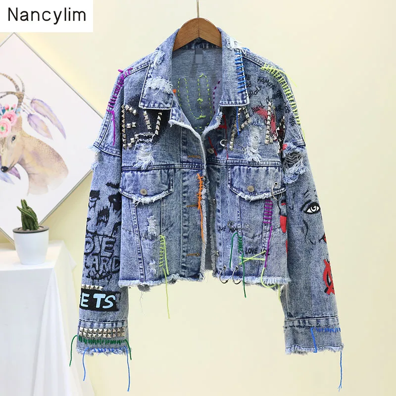 

Spring Autumn Graffiti Cowboy Short Jacket Coat Female Heavy Industry Rivet Colored Tasseled Jacket Girls Lady Street Coats