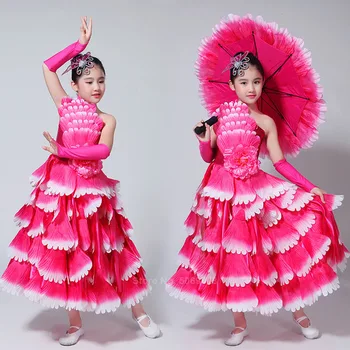 

2020 Gypsy Girls Spanish Bullfight Flamenco Skirt Belly Dance Dresses For Kids Girl Long Robe Flamenco Peony Petal Dress Costume