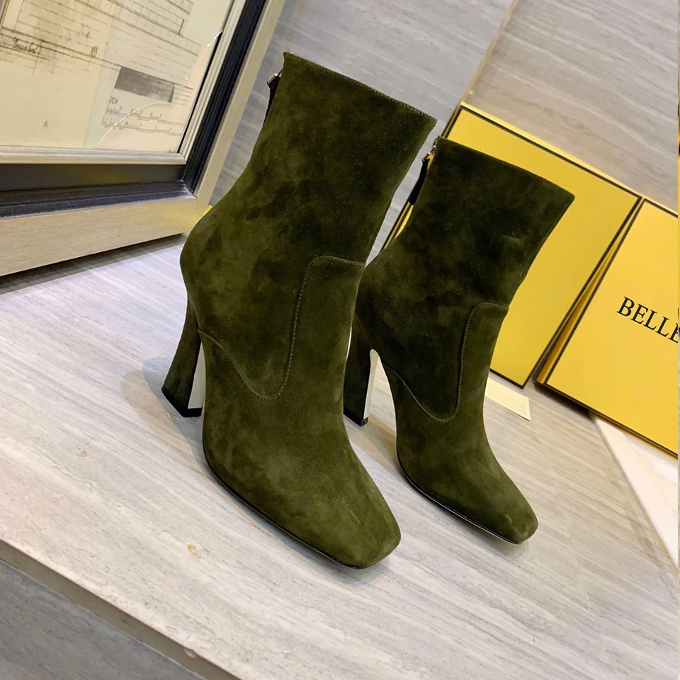 

BELLECOM Fall 2019 New Star Suede Fine-heeled Mid-boot Tip High-heeled Women's Boots