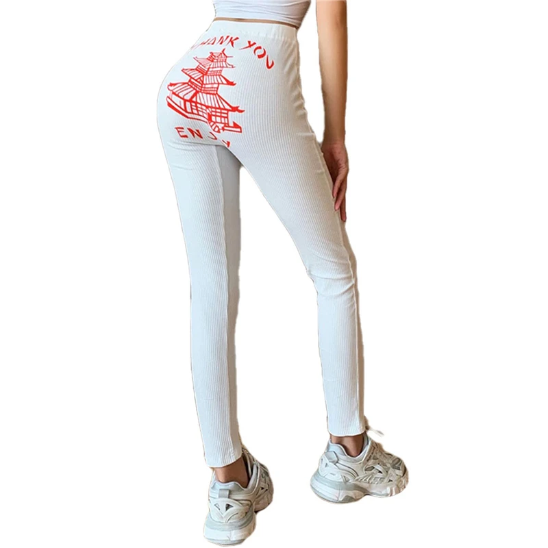 Red Tower Print Tight Trousers High Waist Comfortable Women Trousers Fashion All-match Sports
