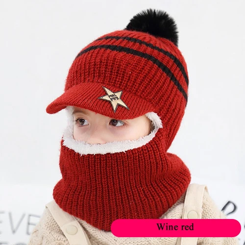 wine red Зимняя шапка шлем детская с помпоном для девочек и мальчиков шапки с теплой флисовой подкладкой бейсболки для детей HT19025 - Цвет: wine red
