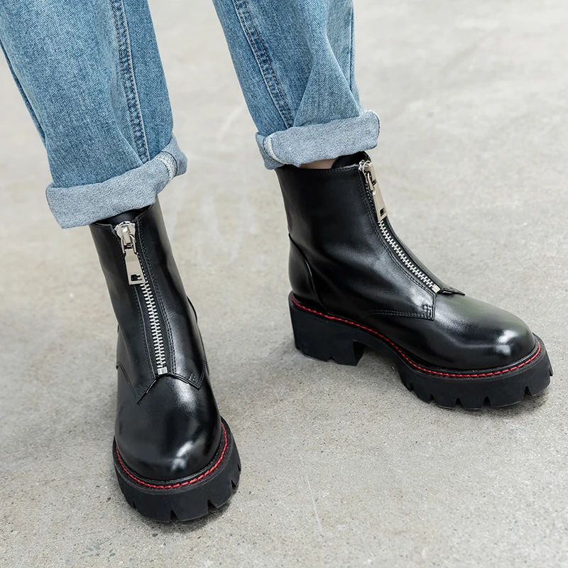 Женские ботинки; ботинки из натуральной кожи; черные ботинки Martens; женские ботильоны; мотоботы; зимняя обувь на платформе и толстом каблуке