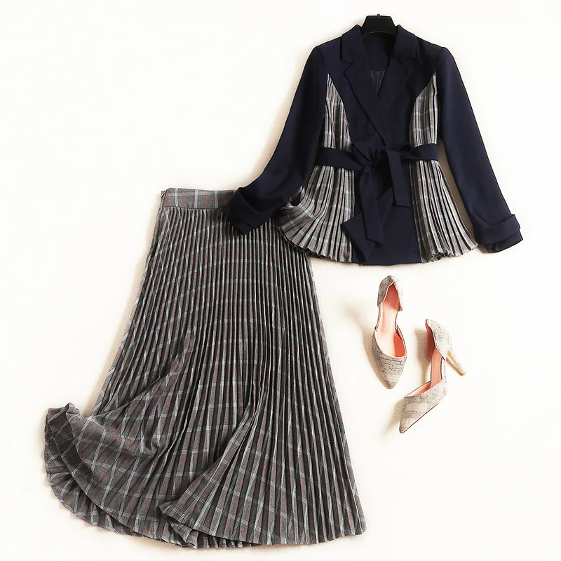 

Autumn Fashion Ol Suit Female 2019 New Plaid Printed Stitching Jacket Tops And Matching Pleated Long Skirt 2 Piece Set Women