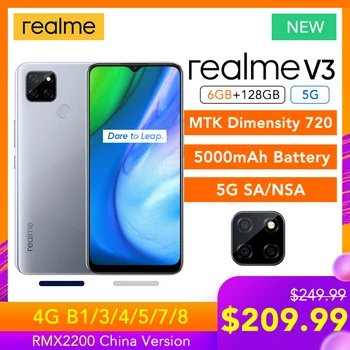 Перейти на Алиэкспресс и купить Realme V3 6 ГБ Оперативная память 128 Гб Встроенная память 5G сети SA НСА Helio Dimensity 720 5000 мА/ч, Батарея 18W быстрая зарядка 6,5 дюймДисплей 13MP Камера