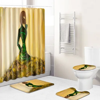 

4Pcs/Set Print Shower Custain Bath Toilet Set Waterproof Fabric Bathroom Mats Rugs with Hooks Vintage Women