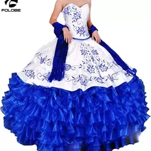 Винтаж Белый Синий Вышивка бальное платье Бальные платья верх из органзы и кружева размера плюс сладкий 16 платье Vestido Дебютант платья