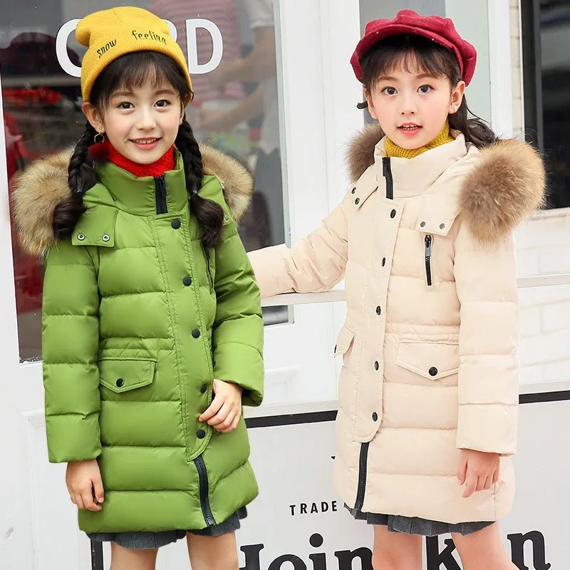 

Children Down Jacket with Fur Hooded Boy Winter Jacket Coat Long Solid Color Kids Down Jackets Winter Overcoat for Girls 2-12Yrs