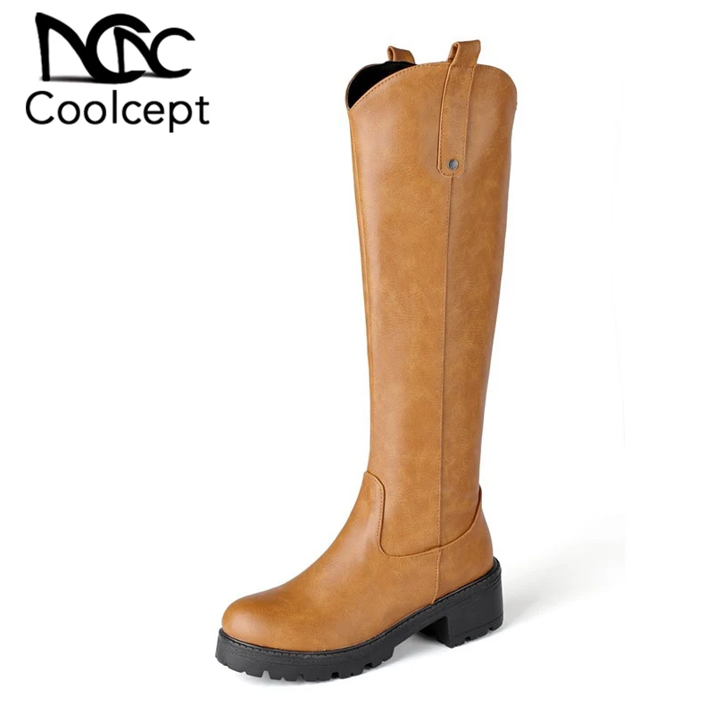 

Coolcept Women Knight Boots Solid Color Round Toe Zipper Knee High Boots Winter Warm Long Boots Women Footwear Size 34-44