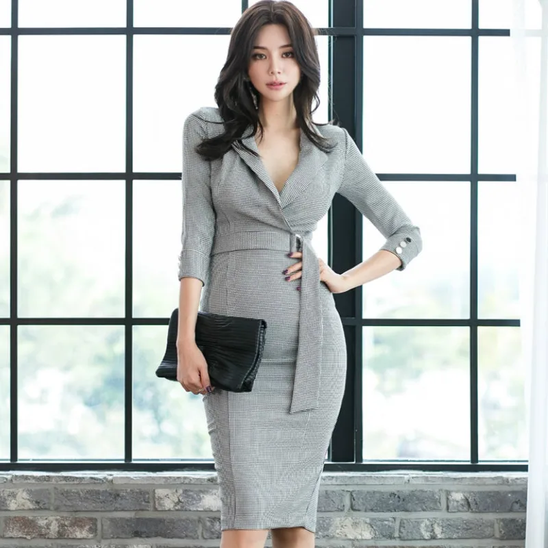 

2020 Spring Notched Official Cloth Female Sashes Bodycon Knee-Length Pencil Plaid Sexy OL Work Dress