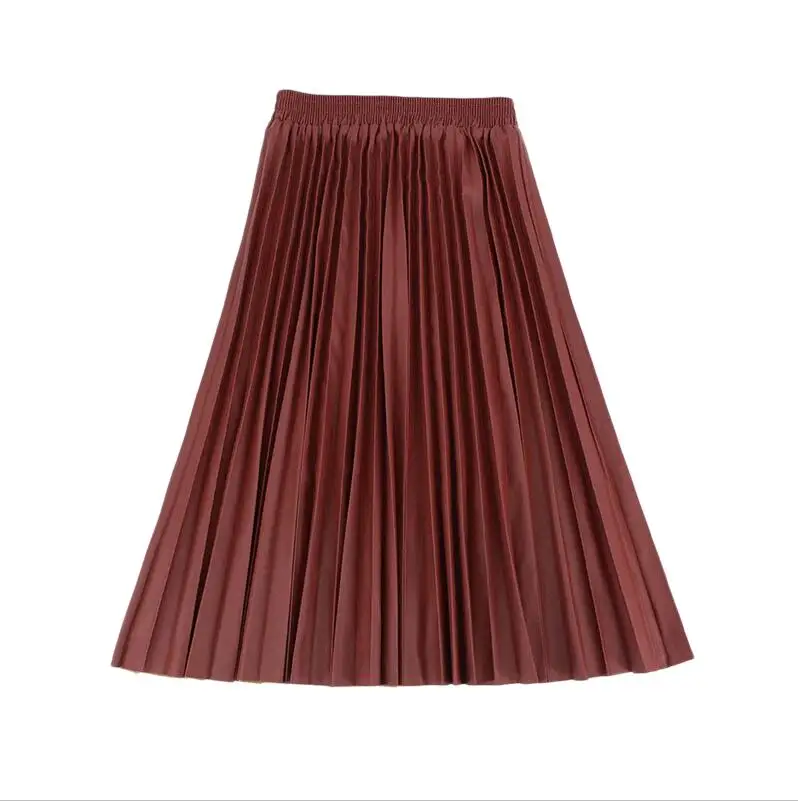 Wine red Осенняя мода, новая плиссированная юбка из искусственной кожи, эластичная высокая талия, универсальная женская юбка - Цвет: Wine red