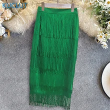 2021 Green Patchwork Tassel Women Skirt High Waisted Bodycon Midi Robes Plus Size Elastic Skirts South Africa Ladies Slim Jupe