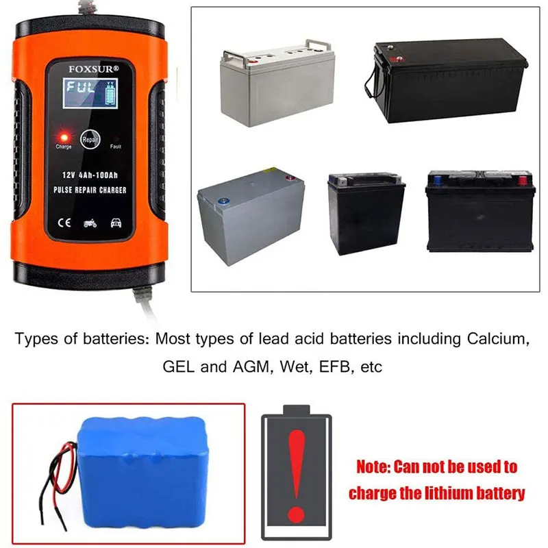 12V 7-Stage Pulse Repairing Charger with LCD Display Motorcycle & Car Battery Charger AGM GEL WET Lead Acid Battery Charger
