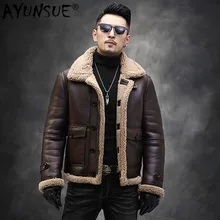 AYUNSUE, зимняя мужская куртка из натуральной кожи, пальто из натурального овечьего меха, мотоциклетная куртка, Воротник из меха енота, RSJM1025 KJ3821