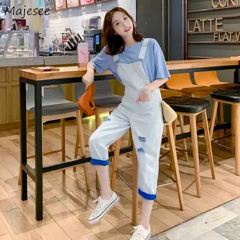 

Jumpsuits Women Denim Hole Newest Loose Pockets Ankle Length Trousers Sweet Solid Color Leisure High Quality Womens Harajuku