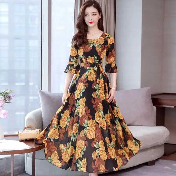 Шифоновое платье с цветочным принтом круглым вырезом и рукавами-фонариками |