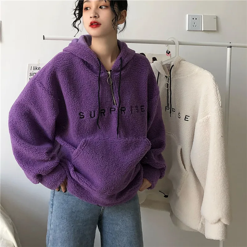 Price+ 5 Photo Shoot Net Price! 3059# Autumn And Winter New Style Korean-style Loose-Fit Laziness Faux Lambswool Hooded