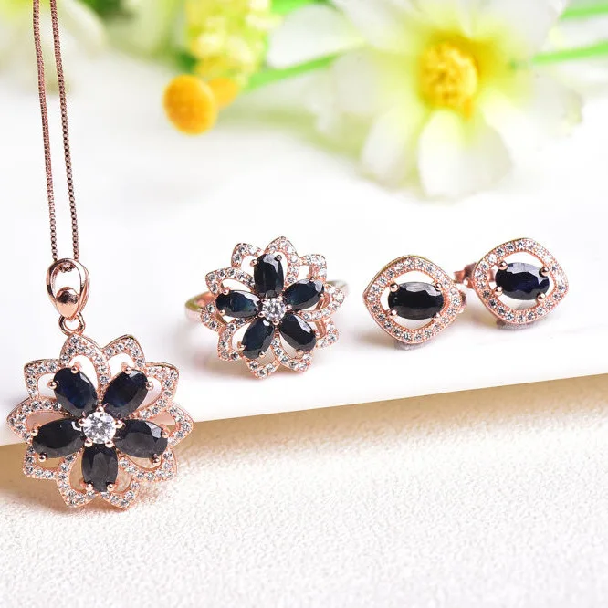 Rose gold plated MeiBaPJ натуральный сапфир, драгоценный камень, цветок, ювелирный набор, 925 пробы, серебро, 3 штуки, костюм, хорошее свадебное ювелирное изделие для женщин - Цвет камня: Rose gold plated