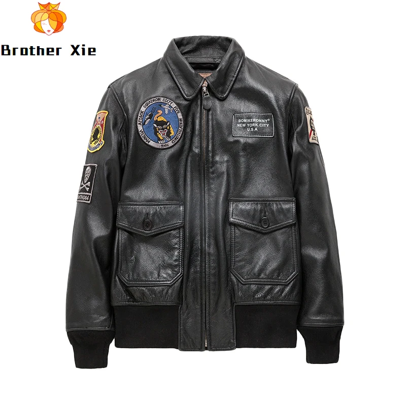 

Genuine Leather Pilot MA 1 Bomber Jacket Mens Skull Embroidery Real Cowhide Motorcycle Biker Jacket for Male R2967